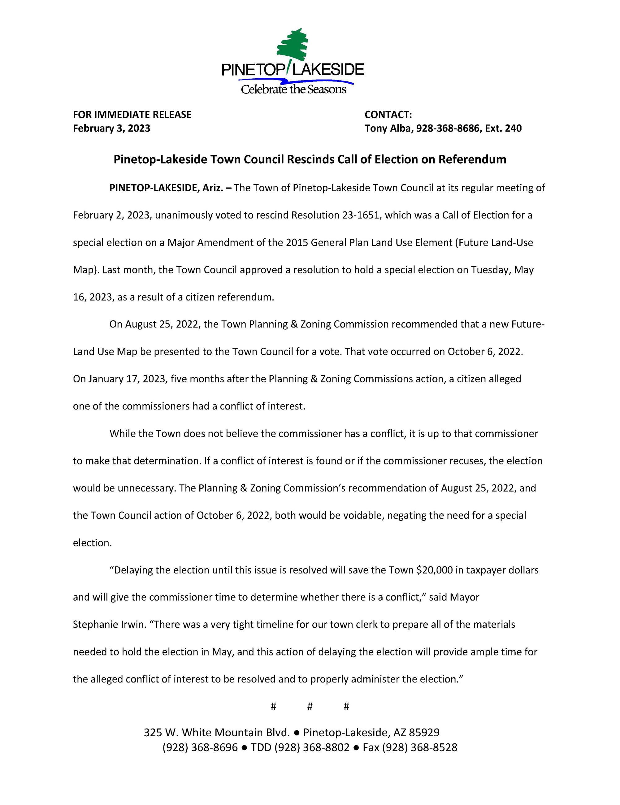 Call of Election Rescinded Release